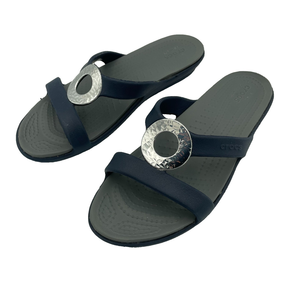 Crocs Sanrah Hammered Circle Slide Wedge Sandal Womens 9 Black Elevated Basic